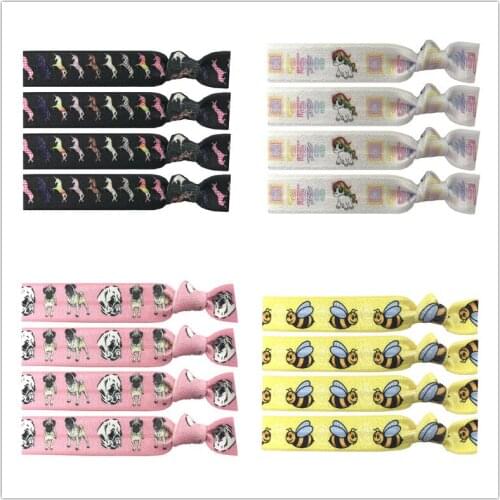 4 Colors 40pcs BullDog Rainbow Unicorn Bee Honeybee Prints Elastic Knotted Hair Tie Bracelet Bangle Ponytail Hair Accessories
