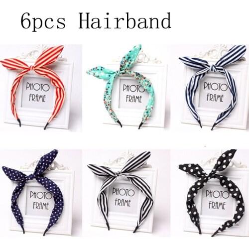 6PCS/set Cute Dots Lip Print Flower Bunny Rabbit Ear Ribbon Headwear Hairband Metal Wire Scarf Headband Hair Band Accessories