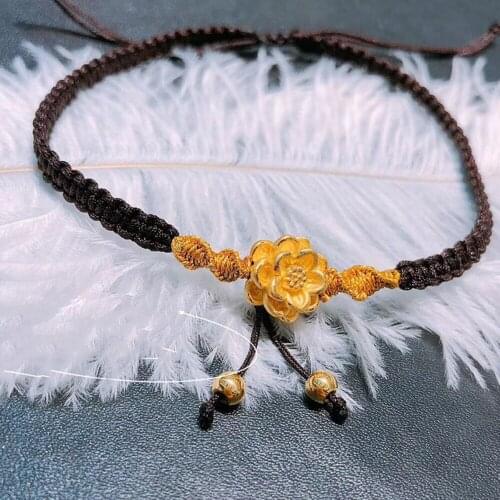 999 Real 24K Yellow Gold Woman Bracelet 3D Luck Lotus Flower Bead Black Cord Weave Bracelet