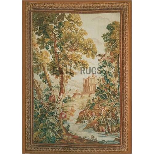 Antique French Aubusson Husbandry Agrarian Pastoral Scene Tapestry Panel Rectangular Europe Type Flowers Pure Wool Knitting