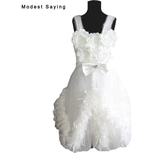 Lovely Ivory Ball Gown Crystal Bow Feather Flower Girl Dresses 2017 with Strap Tea-LengthKids Girl Pageant Party Prom Gowns YF18