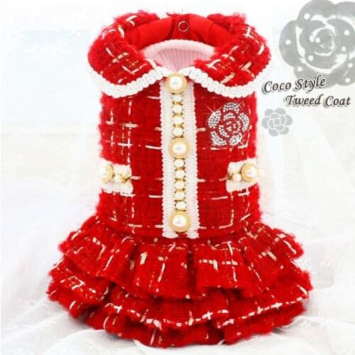 Free Shipping Handmade Luxurious Dog Clothes Twin Sets C**L Style Woolen Tweed Coat Dress Diamond Camellia Accessories Yorkie