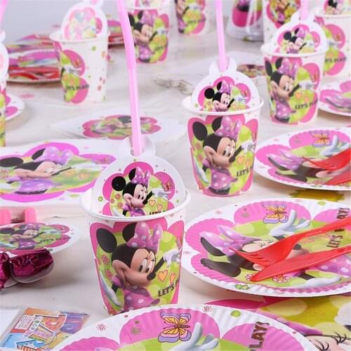Minnie Mouse Girls Kids Birthday Party Decoration Set Minnie Party Supplies Straw cup plate Forks Baby Birthday Party Pack event