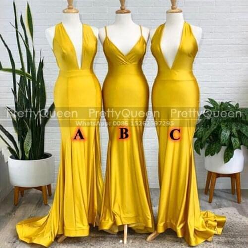 Designer Mermaid Gold Yellow Bridesmaid Dresses Long Spaghetti Plunging Neck Sleeveless Maid Of Honor Dress Bridal Party