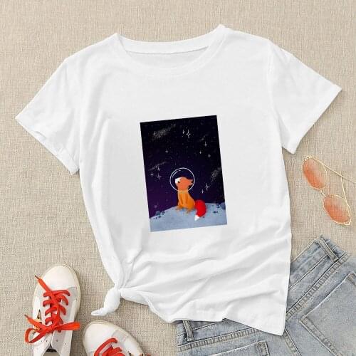 Space Animals Graphic Short Sleeve Round Neck T-shirt Little Fox Looking Up At The Stars Printed 2021 New Tshirt Womens