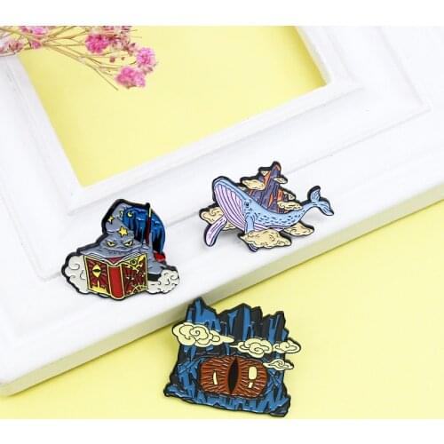 Creative Punk Animal Whale Enamel Brooch Mountain Peak Cloud Eye Magic Book Wizard Alloy Pins Punk Badge Woman Jewelry Gift