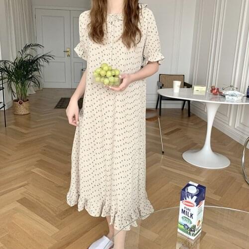 Summer New Sweet Loose Nightdress Womens Short Sleeve Small Floral Retro Pure Cotton Nightgown Home Clothes Female Sleepwear