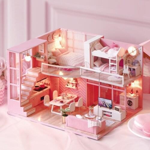 Dream Angel DIY Doll House Cute families house Pink Wooden Furniture LED Light Miniature Dollhouse For Children Handmade Toys