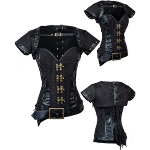 Fancy Women Black Vintage Gothic Clothing Plus Size Corsets And Bustiers Costume Steel Steampunk Corset With Shoulder