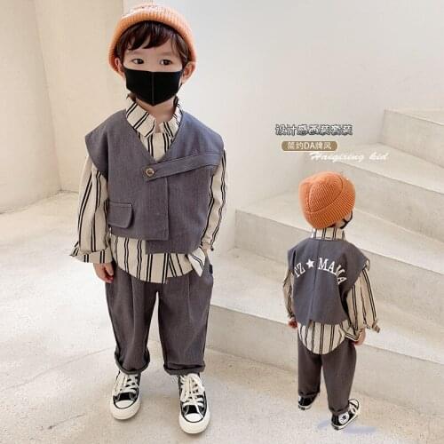 Mumbabes Childrens Clothing 2021 Autumn Korean Boys Autumn Clothing Suit Vest Blazer Pants Striped Blouse for Kids Tracksuit