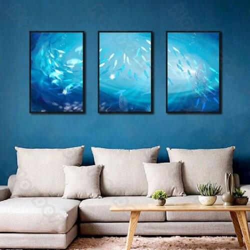 Undersea Scene Canvas Painting Wall Poster Bright Blue Sea Water with Fish and Seaweed for Living Room Bedroom Wall Decoration