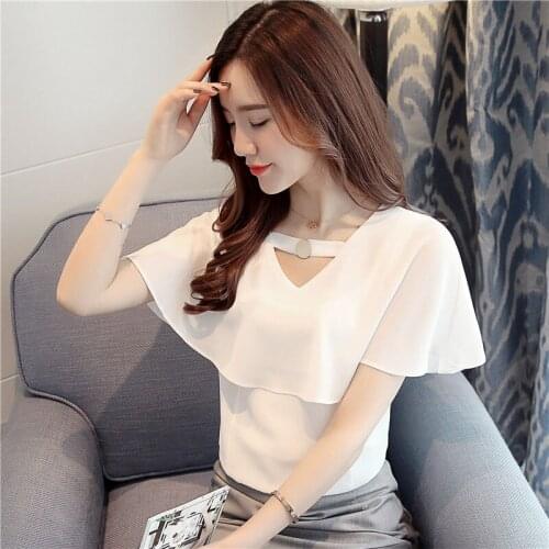 RibbonFish Women Simple Spring Summer Style Chiffon Blouses Shirts Lady Casual Short Flare Sleeve Blusas Tops Feminina DD1672