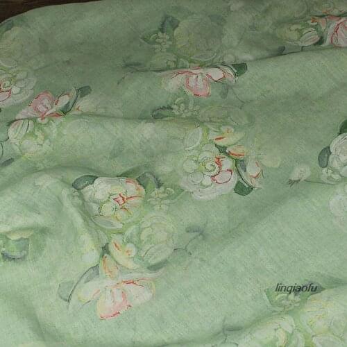Light green series printed pure ramie fabric, dress robe linen clothing fabric