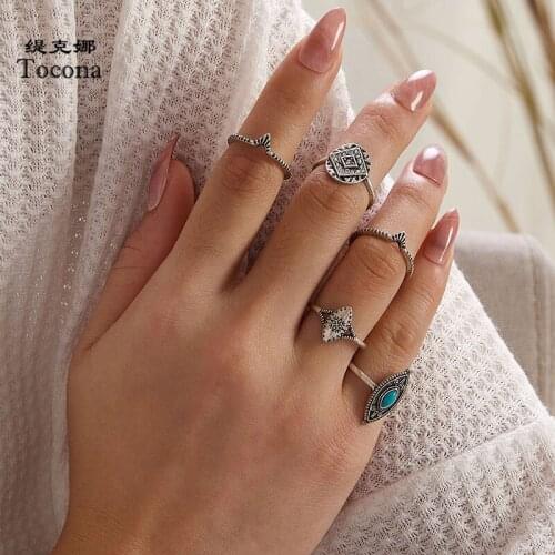 Tocona 5pcs/sets Vintage Silver Color Geometric Joint Ring for Women Charms Shiny Rhinestone Party Jewelry Accessories 9316