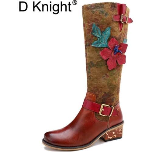 Ethnic Genuine Leather High Heels Female Western Boots Footwear Handmade 2020 Autumn Winter New Womens Knee High Riding Boots