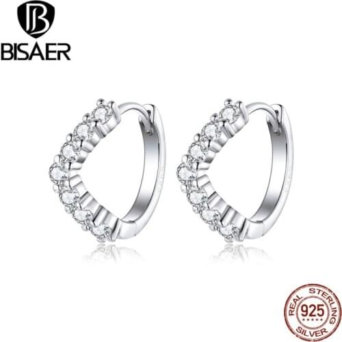 Zircon Earrings BISAER 925 Sterling Silver Luminous Cubic Zircon Stud Women Earrings Simple V Shape Pave Earrings Jewelry ECE844