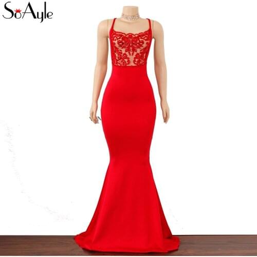 SoAyle Vestidos de festa Plus Size Prom Dresses Sheer neck Mermaid Evening Dress Sleeveless Backless Red Long Evening Wear H