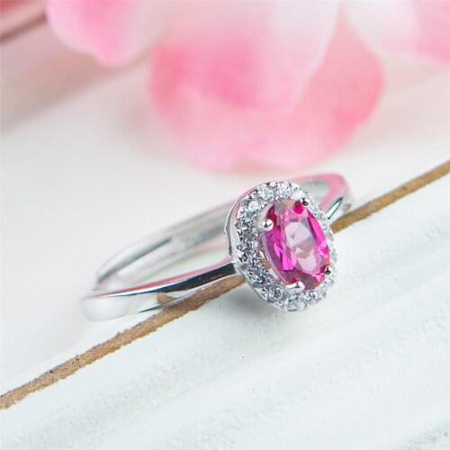 Genuine Natural Pink Tourmaline Quartz Crystal Party Wedding Rings Women Adjustable Size Ring 6*4mm