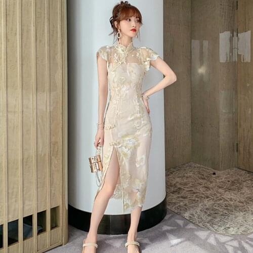 Fashion Summer Chinese Style Vintage Short Sleeve Midi Party Dress Ladies Elegant Sand Neck Embroidery Floral Split Pencil Dress