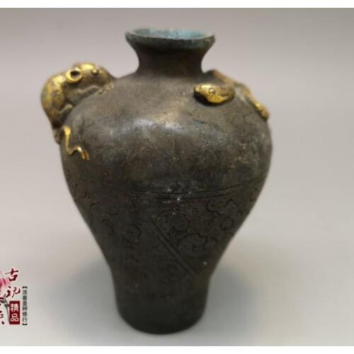 4" ming xuande mark Chinese old Antique bronze gilt dragon Mouse jar pot