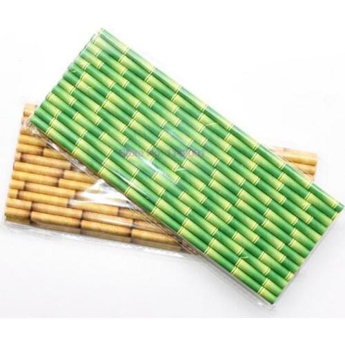 500set 25pcs/set Green Brown Bamboo Pattern Paper Straws Juice Cocktail Drinking Straw Bar Pub Jungle Party Supplies