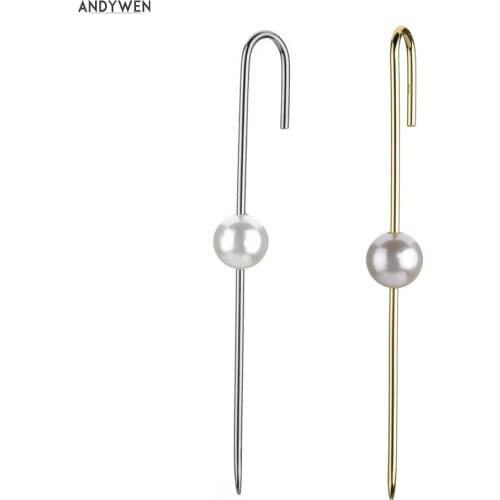 ANDYWEN 925 Sterling Silver Ear Thread Ear Pin Long Ear Cuff Earcuff Women Luxury Jewelry Pearl Ear Bars Clips Piercing Earring