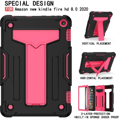 Case For new Kindle Fire HD 8 2020 tablet 3 layer protection portable back Adjustable bracket Heavy Shockproof Cover+Film+Pen