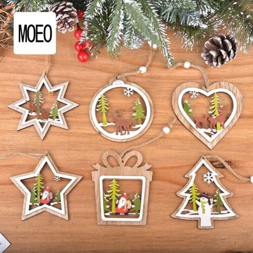 Wooden Laser Hollow-out Christmas Tree Pendant Wooden Double Five-pointed Star Santa Claus Elk Snowflake Shaped Decoration