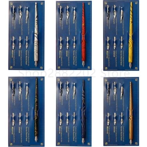 OOTDTY Marble Wood Manga Calligraphy Dip Pen Holder with 6 Nibs for Lettering Skiching