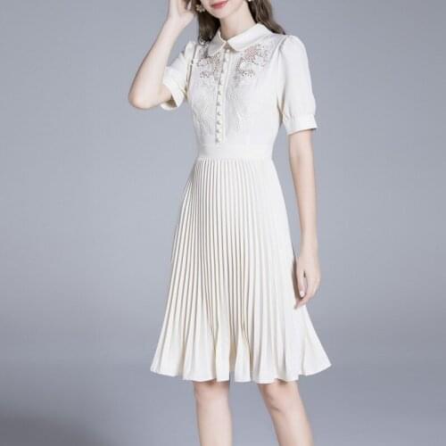Temperament Summer Party Dresses 2021 Vintage Elegant Peter Pan Collar Embroidery Lace Hollow High Waist Pleated Midi Dress