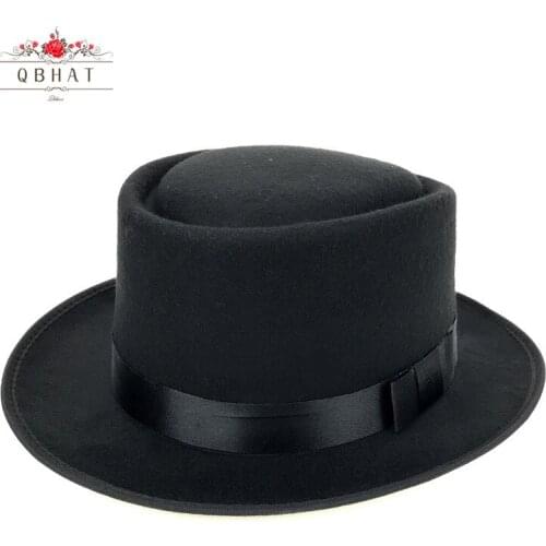 QBHAT Fashion Australian Artificial Wool Pork Pie Fedora Felt Hats for Women Men Autumn Winter Plain Church Trilby Flat Top Hat