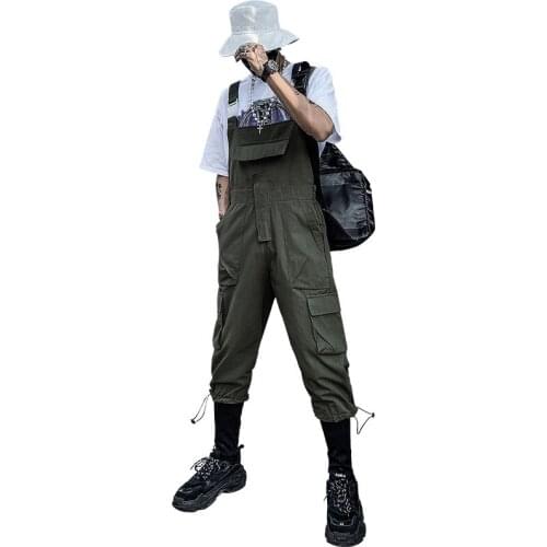 Summer Overalls Men Woman Bib Jumpsuits Multi-Pocket Tie Feet Cool Street Hip Hop Casual Youth Black Green Pants Lovers Trousers