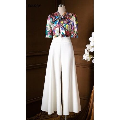 2020 Summer Fashion Pant Suits Women Bow Collar Colorful Flower Print Short Sleeve Shirts+High Waist Wide Leg Long White Pants