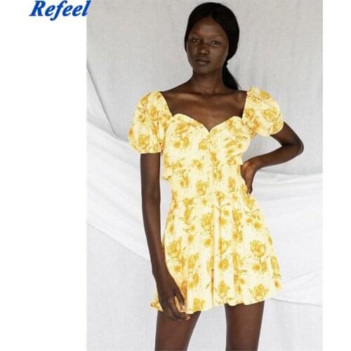 Summer Women Yellow Leaves Print French Style Mini Dress Off Shoulder Puff Short Sleeve Ladies Sundress