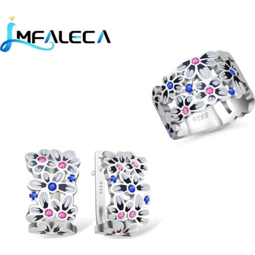 LMFALECA Pure Blue Sapphire 925 Silver Jewelry Sets for Women Flower Enamel Clip Earrings Ruby Ring Necklace Fine Gift Jewelry