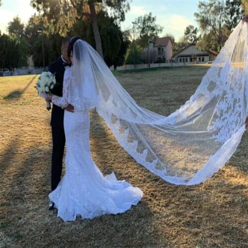 Best Selling Luxury Real Image Wedding Veils Three Meters Long Veils Lace Applique Crystals Two Layers Cathedral Length Cheap Br