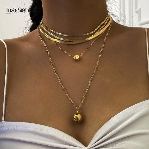 IngeSight.Z 3Pcs/Set Punk Multi Layered Gold Color Snake Chain Choker Necklace Small Ball Square Metal Pendant Necklaces Jewelry