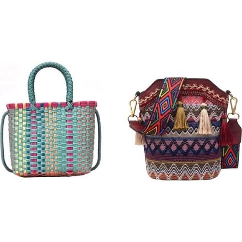 Fashion Summer Beach Bag Color Straw Bag Lady Travel Mobile Handbag & Womens Straw Woven Shoulder Messenger Bag Red