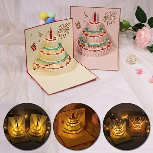 1PC Creative Birthday Cake 3D Pop Up Cards Music Light Postcard Invitation Cards Handmade