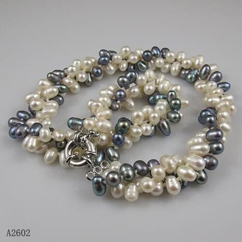 Unique Pearls jewellery Store 3rows White Gray Mixes Genuine Freshwater Pearl Necklace 18inches Charming Women Gift