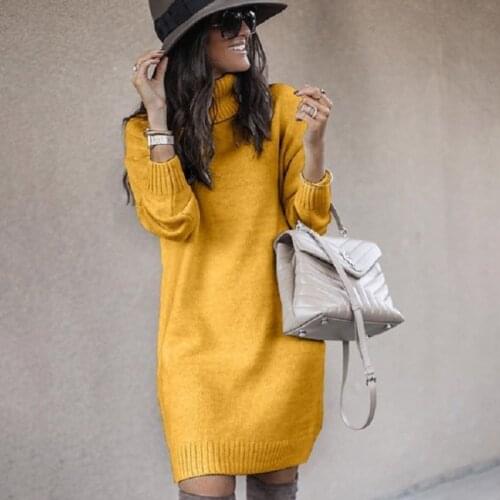 High Neck Long Sleeve Turtleneck Knit Straight Casual Dress Autumn Winter Warm Mini Dress Loose Knitted Dress Vestido Robe Femme