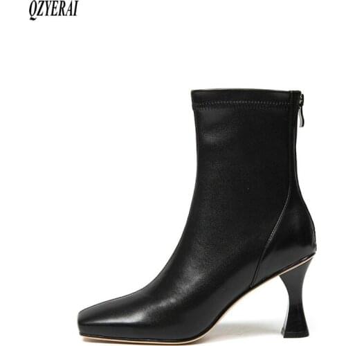 QZYERAI New style Ankle boots Genuine leather Female boots High heels Womens boots Head layer cowhide Womens shoes