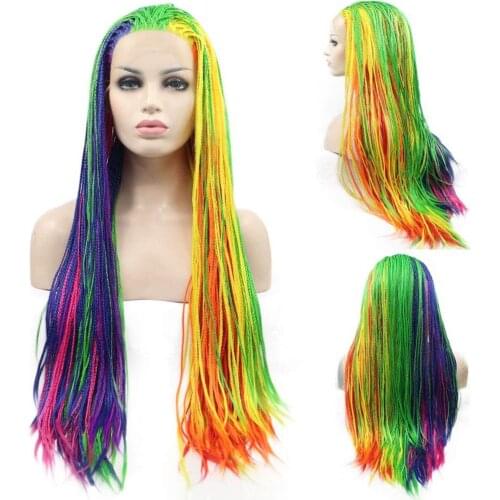Rainbow Braids Lace Front Wig Fully Hand Tied Synthetic Braided Hair Green Blue Yellow Purple Orange Pink Red 7 Colors Cosplay