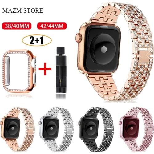 Stainless Steel Band+Case for Apple Watch Series 6 5 4 3 2 Women Lady Diamond Strap for IWatch 6 44/40/42/38MM Bracelet Bands