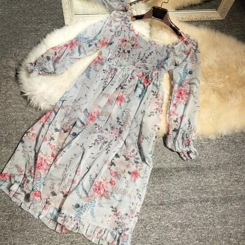 Palace bubble sleeve New cultivate morality show thin side the stamps chiffon dress seaside holiday dresses