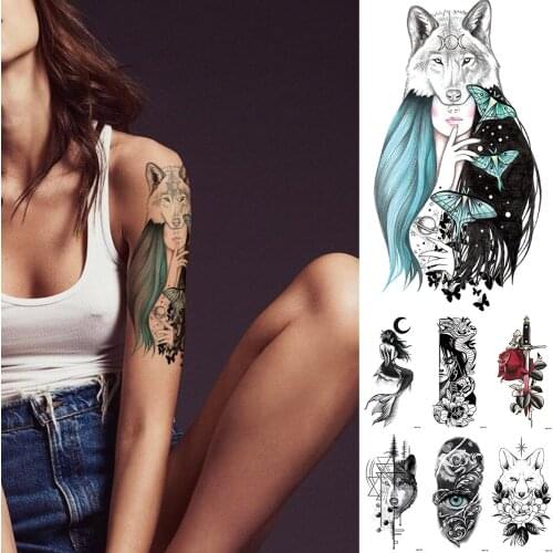 Wolf Girl Temporary Tattoo Sticker Rose Flowers Flash Waterproof Tattoos Snake Dragon Body Art Arm Fake Tatoo Women Men