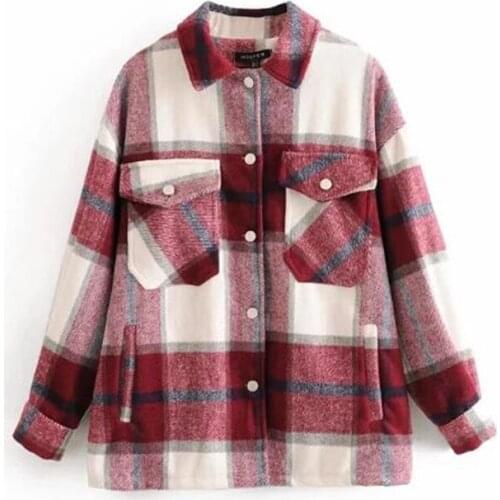 Womens plaid jackets red blue coats oversized loose female 2020 popular outerwear Lapel long sleeve office jacket Chic tops