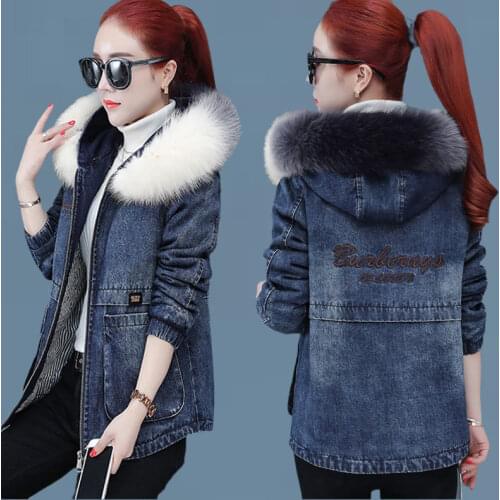 Winter Women Lamb Fur Lined Coat Hooded Embroidery Letter Denim Jacket Casual Jeans Coat Female Thick Warm Denim Jacket X198