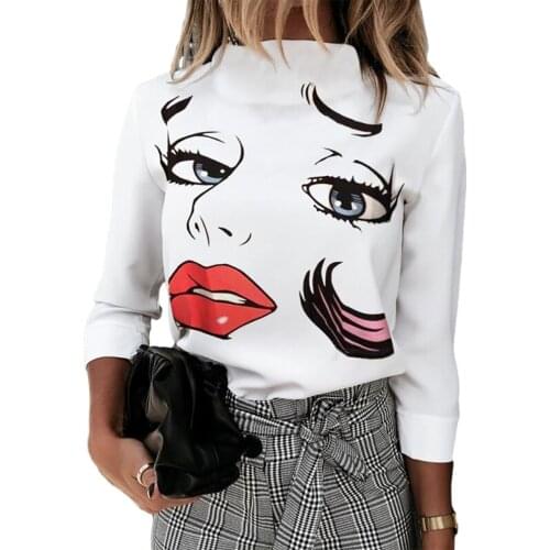 Women Elegant Autumn Stand Neck Solid Pullovers Tops Long Sleeve Sexy Lips Print Shirts Office Basic Female Shirt Blusas