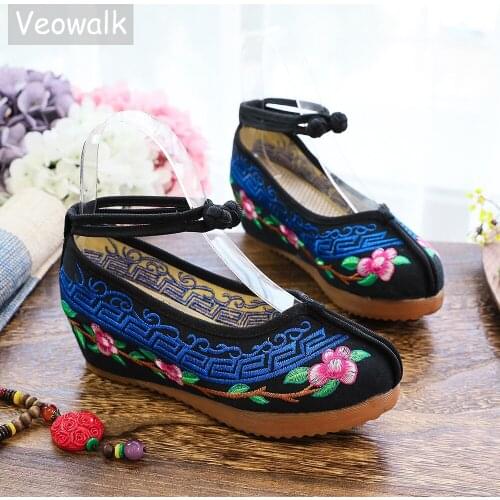 Veowalk Size 34-43 Woman Flower Embroidered Hidden Platform Old Beijing Shoes Ankle Strap Cotton Fabric Sneakers